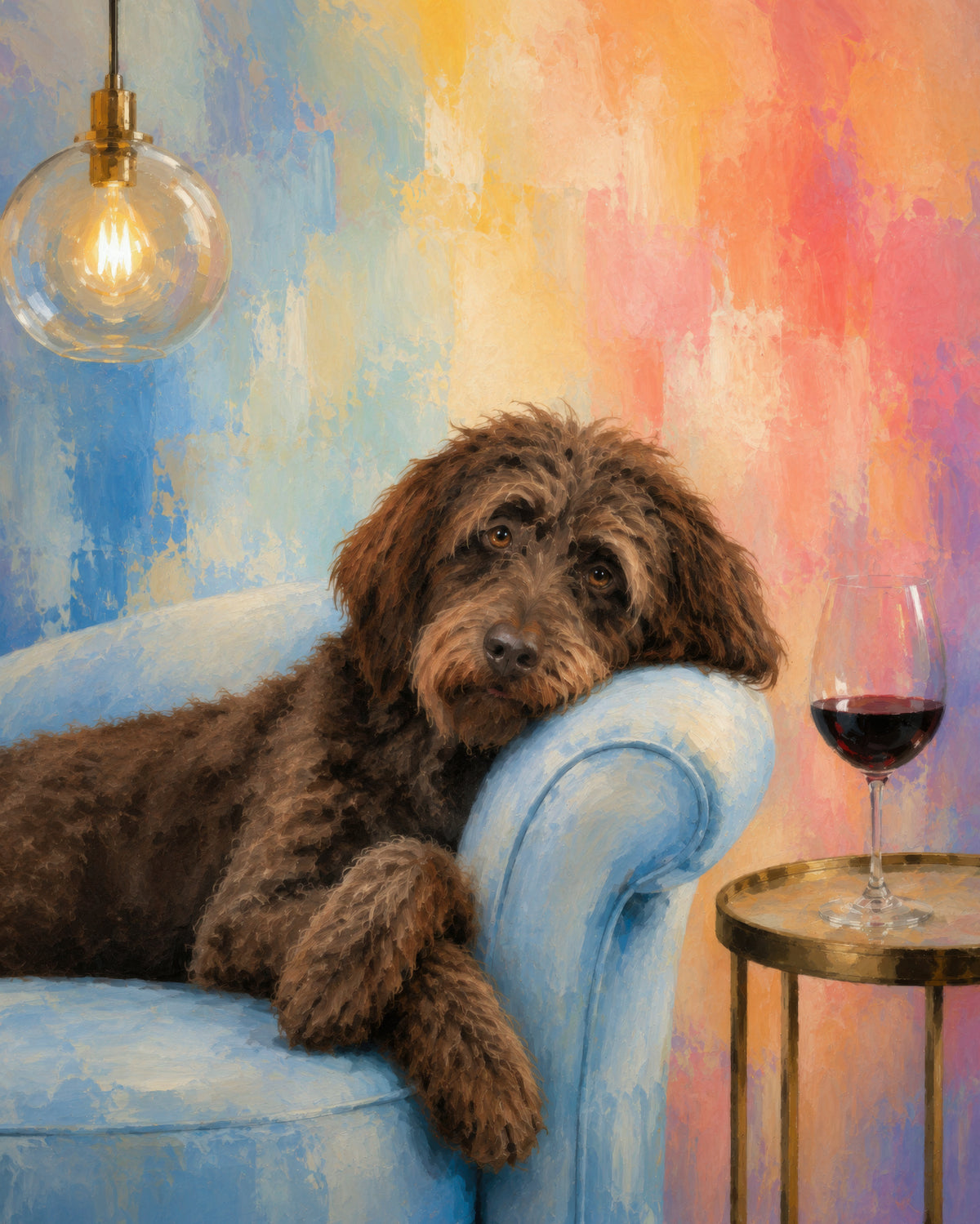 Custom pet portrait of a shaggy brown dog resting on a blue sofa beside a glowing pendant light and wine glass in a colorful room
