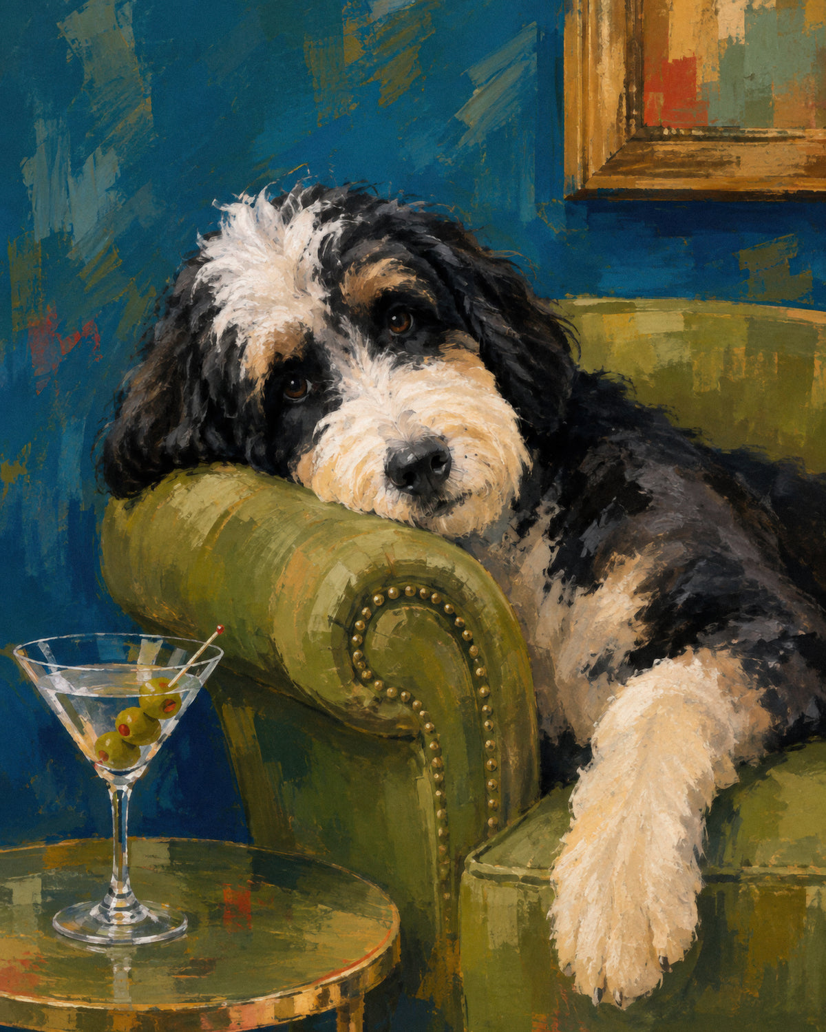 Painterly custom pet portrait of a black and white dog resting on a green armchair beside a cocktail glass