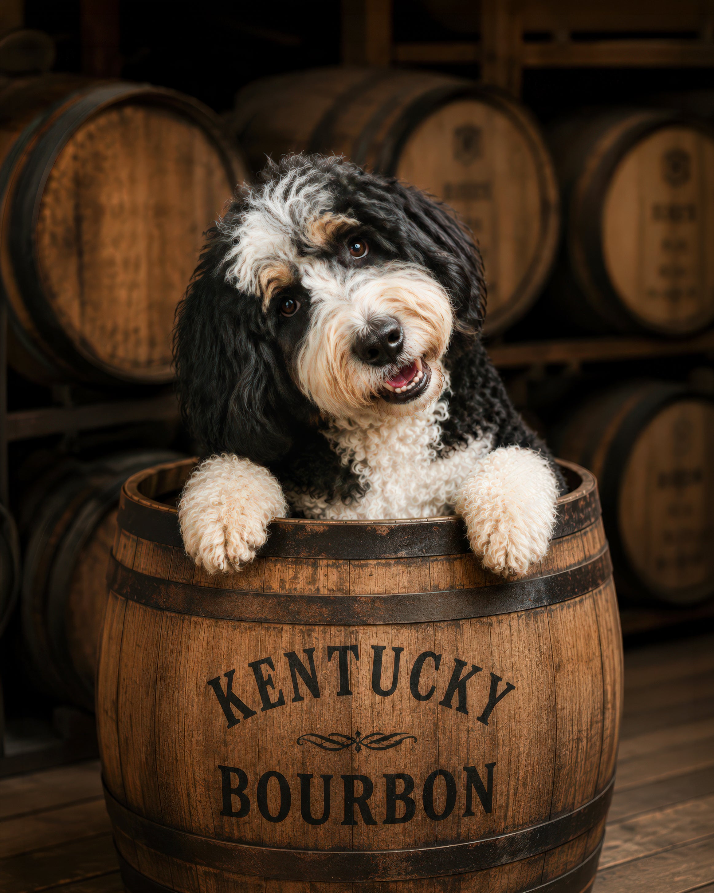 Custom pet portrait of a cheerful black and white dog resting in a Kentucky bourbon barrel 񟿿