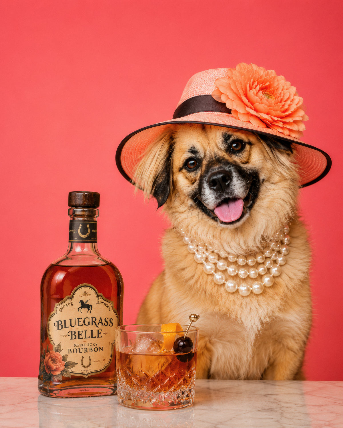 A small tan dog wearing a pink straw hat with a large orange flower, pearl necklaces, and a black band, sitting beside a bottle of Bluegrass Belle Bourbon whiskey and a rocks glass on a pink background.