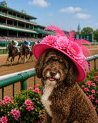 Custom pet portrait of a curly brown dog wearing a bright pink flowered hat beside a horse racing track