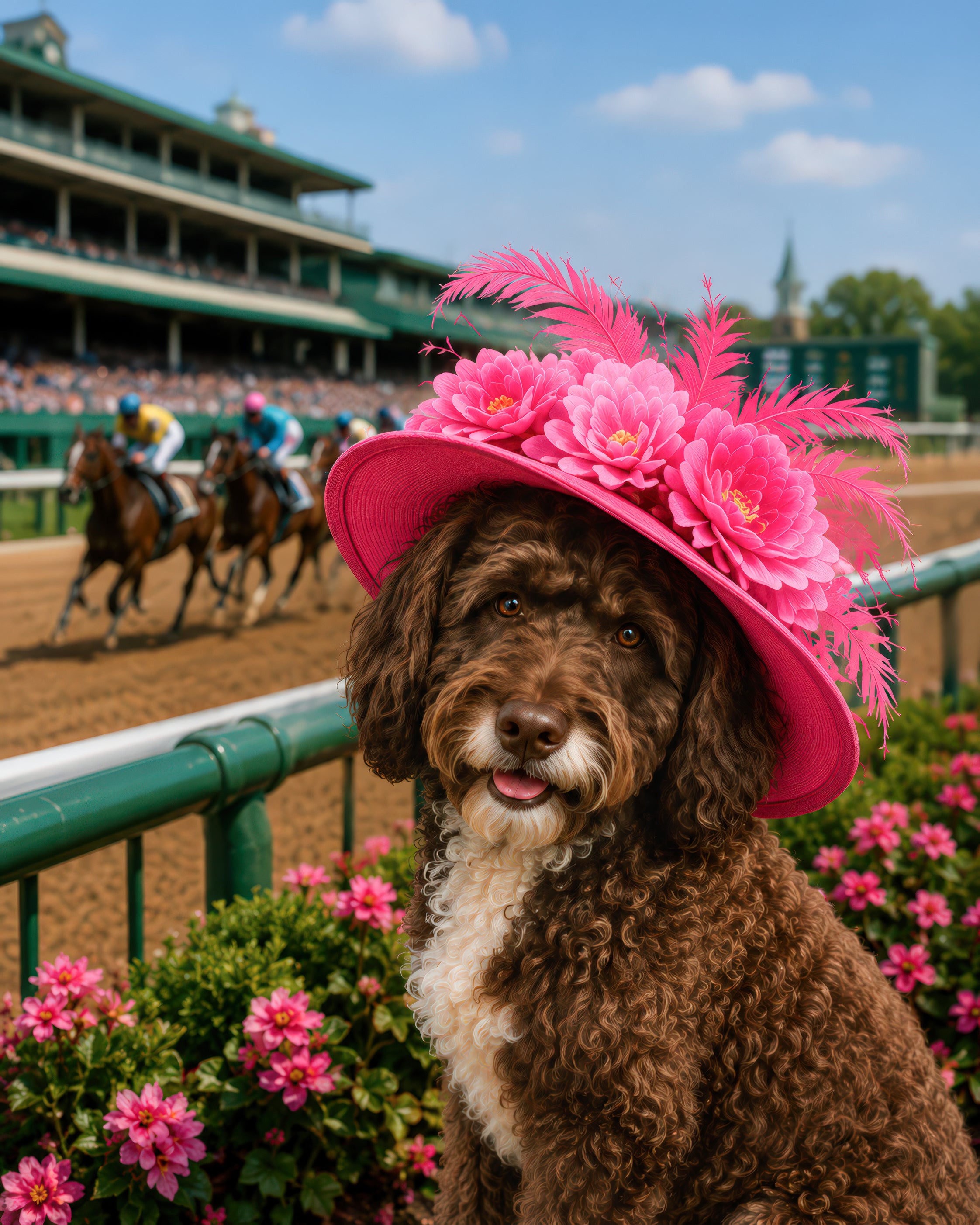 Custom pet portrait of a curly brown dog wearing a bright pink flowered hat beside a horse racing track