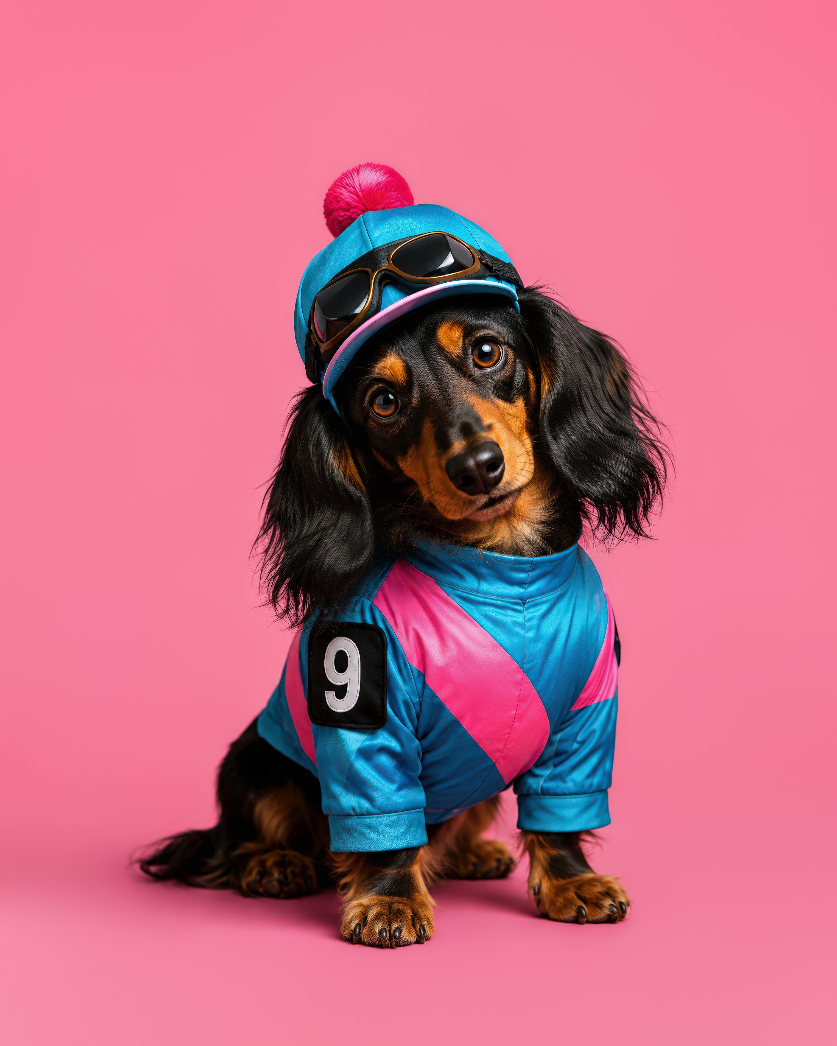 Custom pet portrait of a black and tan dachshund in a bright blue and pink athletic outfit with sunglasses on a pink background