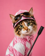 A fluffy calico cat dressed in pink and white jockey attire, wearing goggles and holding a black whip, posed against a solid pink background.