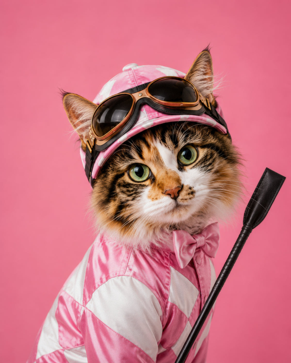 A fluffy calico cat dressed in pink and white jockey attire, wearing goggles and holding a black whip, posed against a solid pink background.