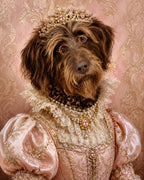 The Gilded Paw custom pet portrait of a shaggy brown dog in a jeweled pink Renaissance gown with a lace collar