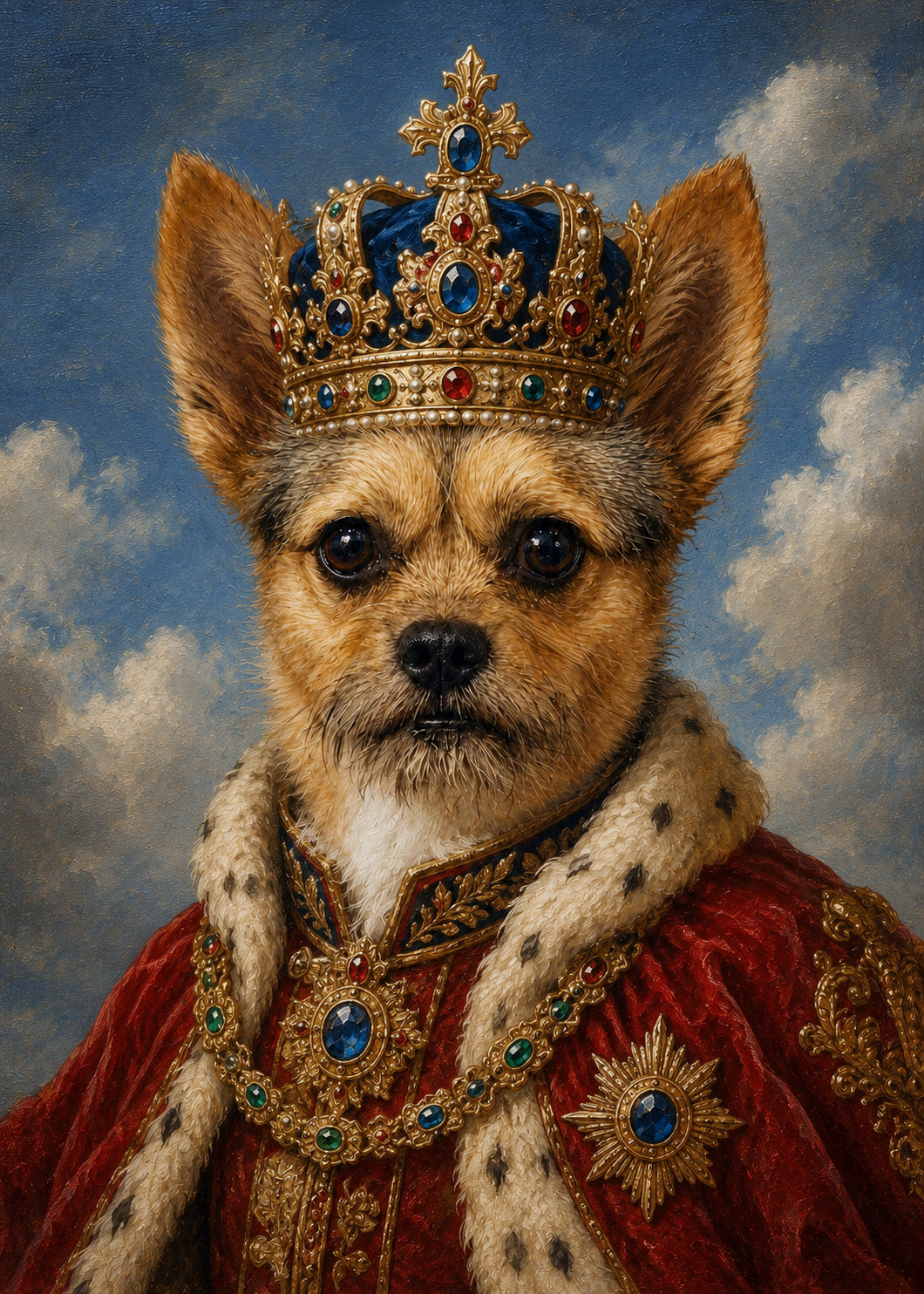 Custom pet portrait of a small dog in a jeweled crown and red royal robe from The Gilded Paw