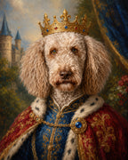The Gilded Paw custom pet portrait of a curly haired dog wearing a jeweled crown and royal red and blue robes