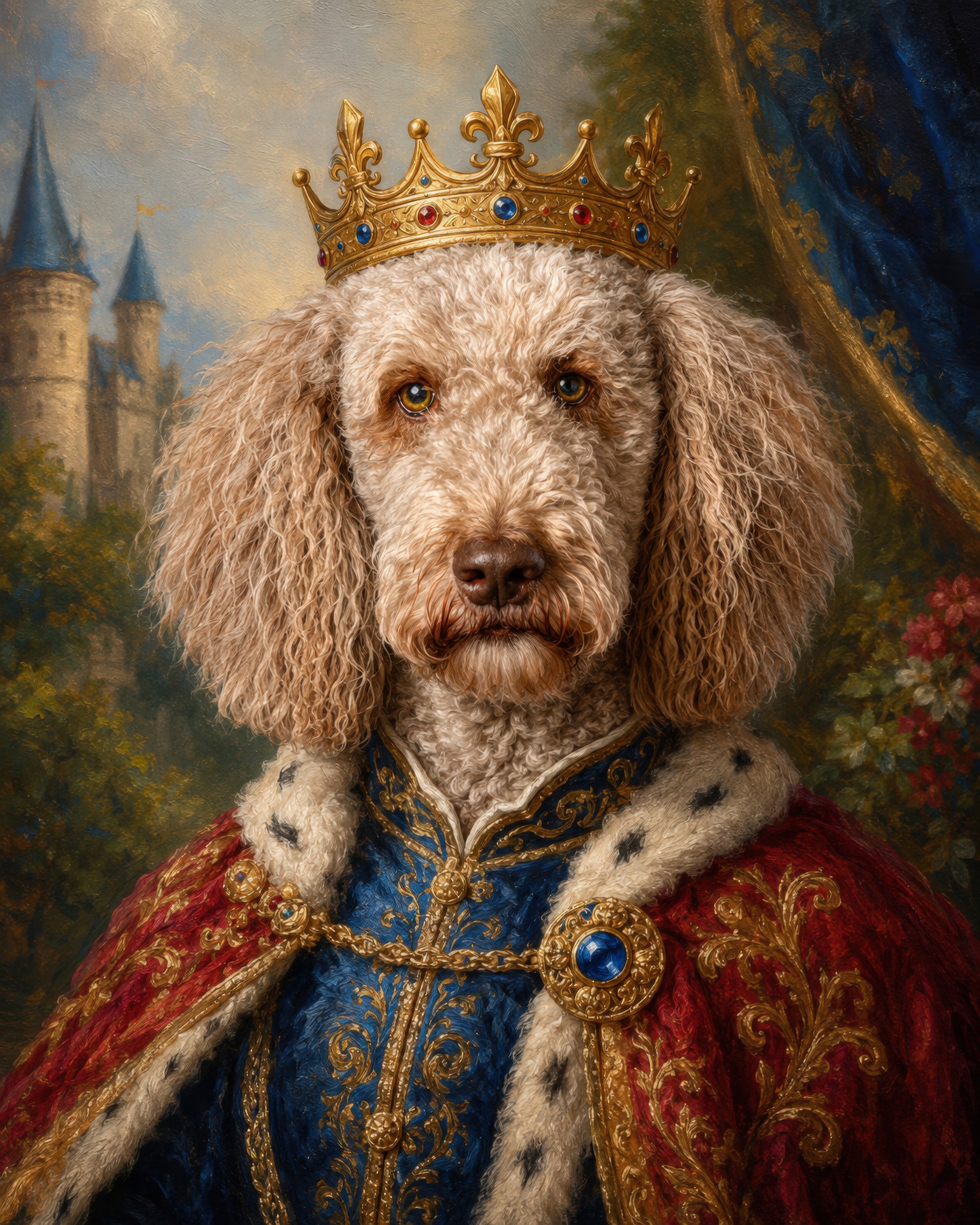 The Gilded Paw custom pet portrait of a curly haired dog wearing a jeweled crown and royal red and blue robes