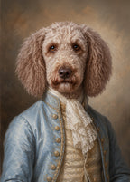 The Gilded Paw custom pet portrait of a curly haired dog in a blue historical coat with an ornate lace cravat
