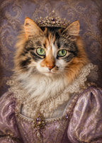 Custom pet portrait of a regal calico cat in a jeweled crown and purple Renaissance gown from The Gilded Paw