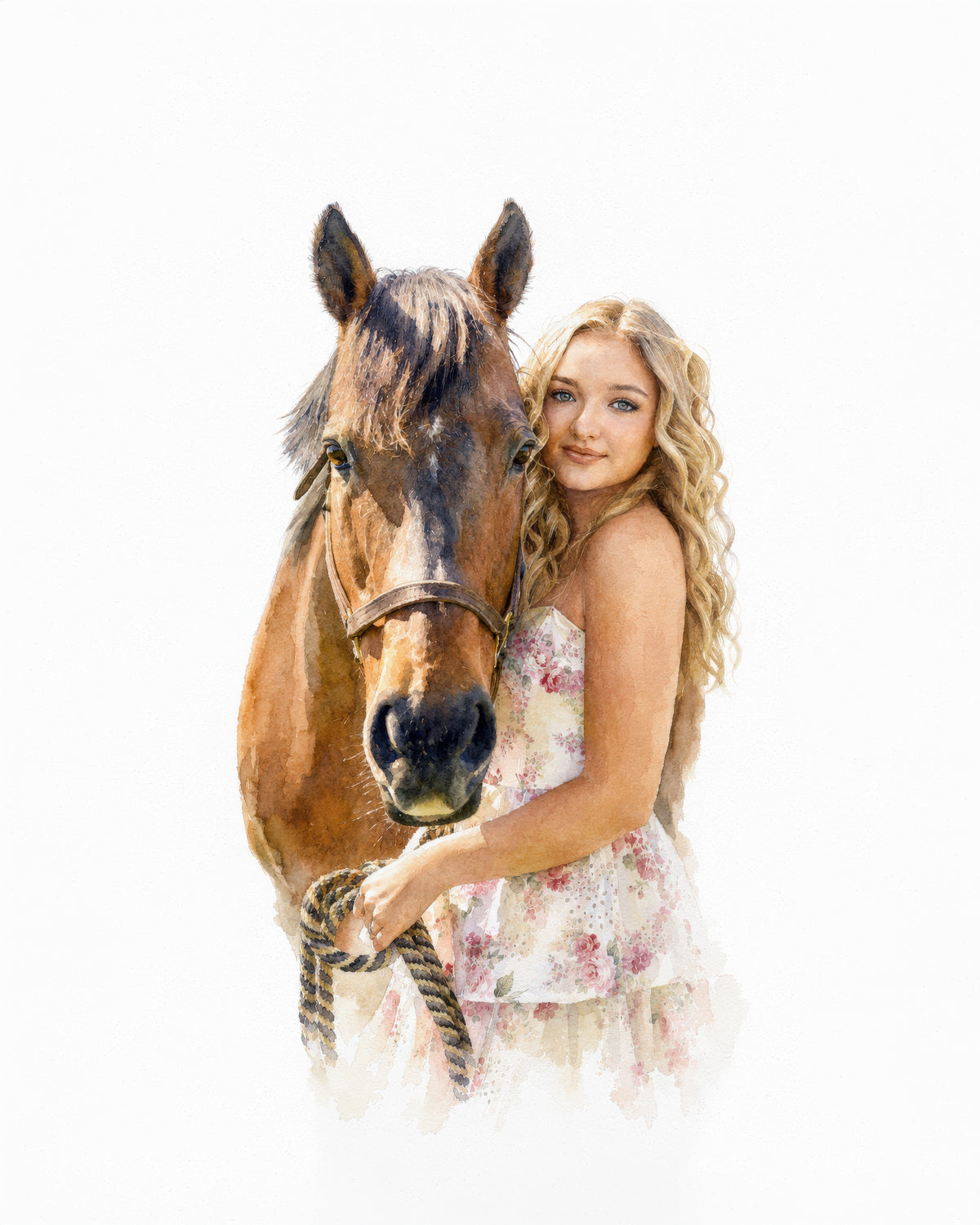 Realistic custom equine portrait of a brown horse beside a smiling woman in a floral dress on a white background
