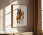 Custom pet portrait of a woman with a brown horse in an elegant frame on a sunlit wall