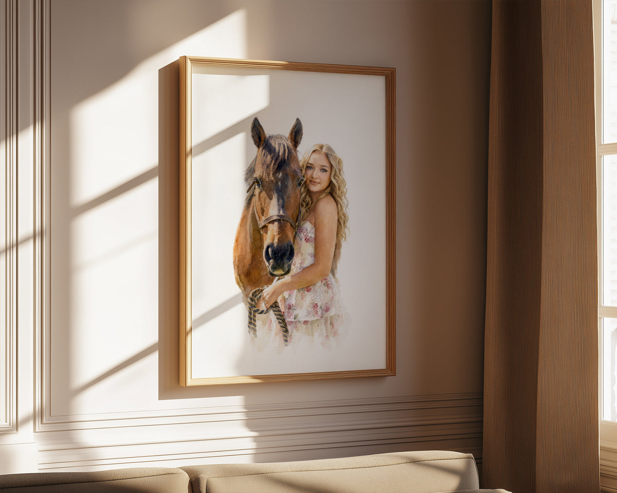 Custom pet portrait of a woman with a brown horse in an elegant frame on a sunlit wall