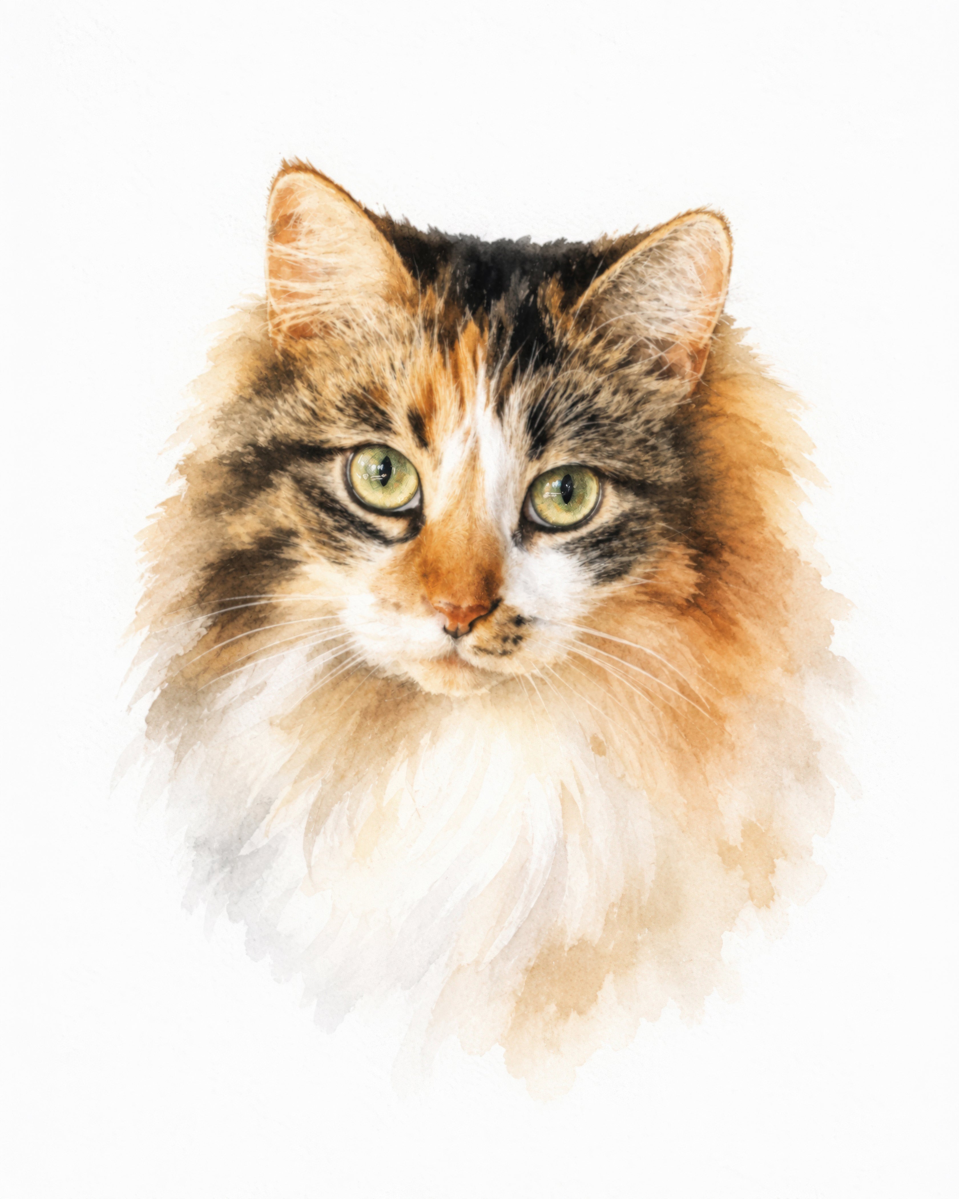 Illustrative custom pet portrait of a long haired tabby cat with green eyes and a fluffy white chest on a white background
