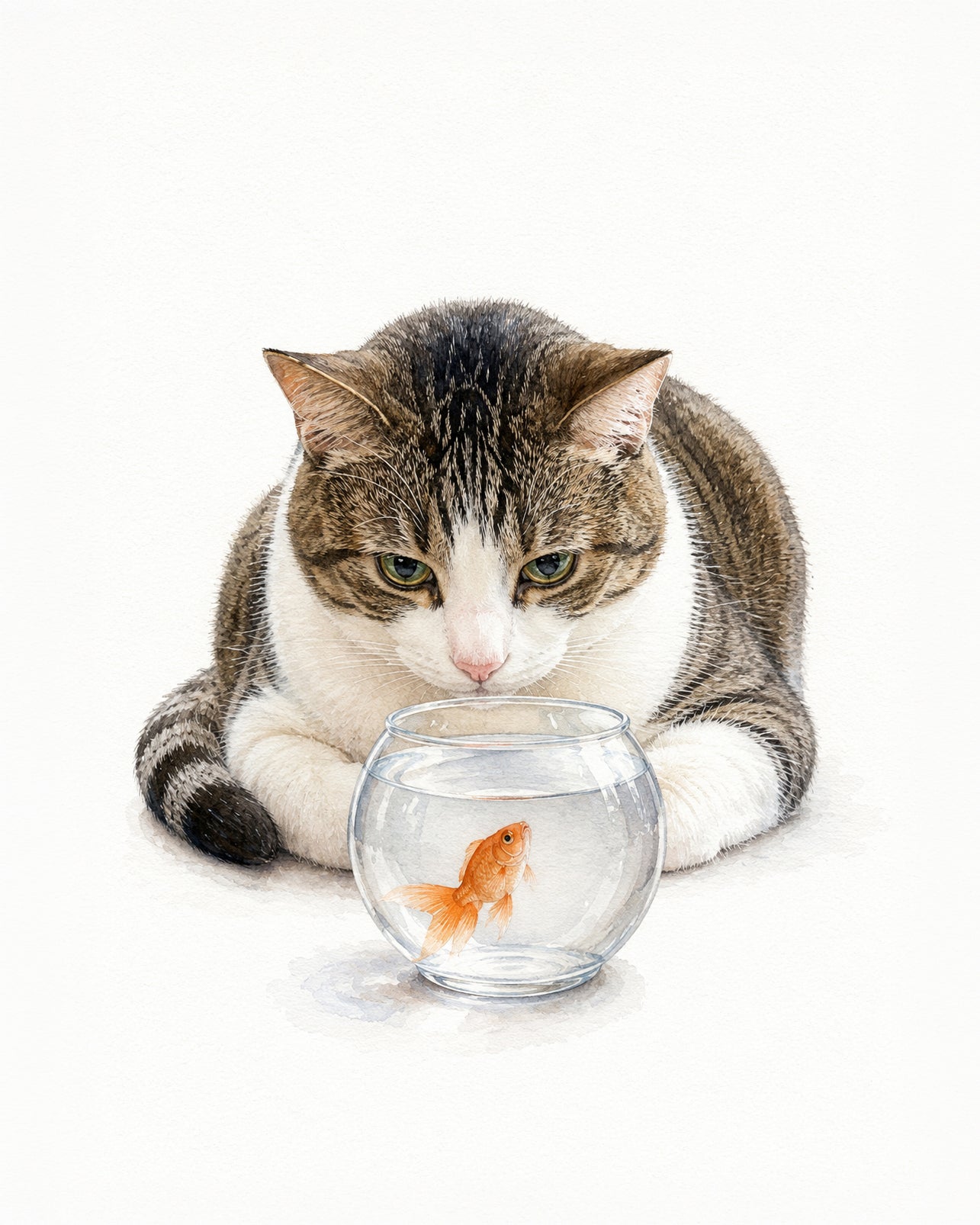 Illustrative custom pet portrait of a tabby cat watching a goldfish in a glass bowl on a white background