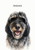Illustrative custom pet portrait of Lennon the shaggy black and gray dog with a joyful expression and painterly texture
