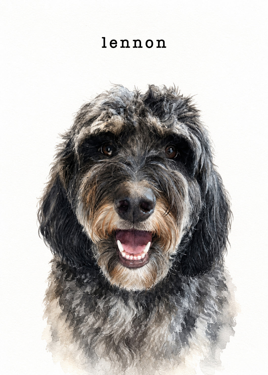 Illustrative custom pet portrait of Lennon the shaggy black and gray dog with a joyful expression and painterly texture