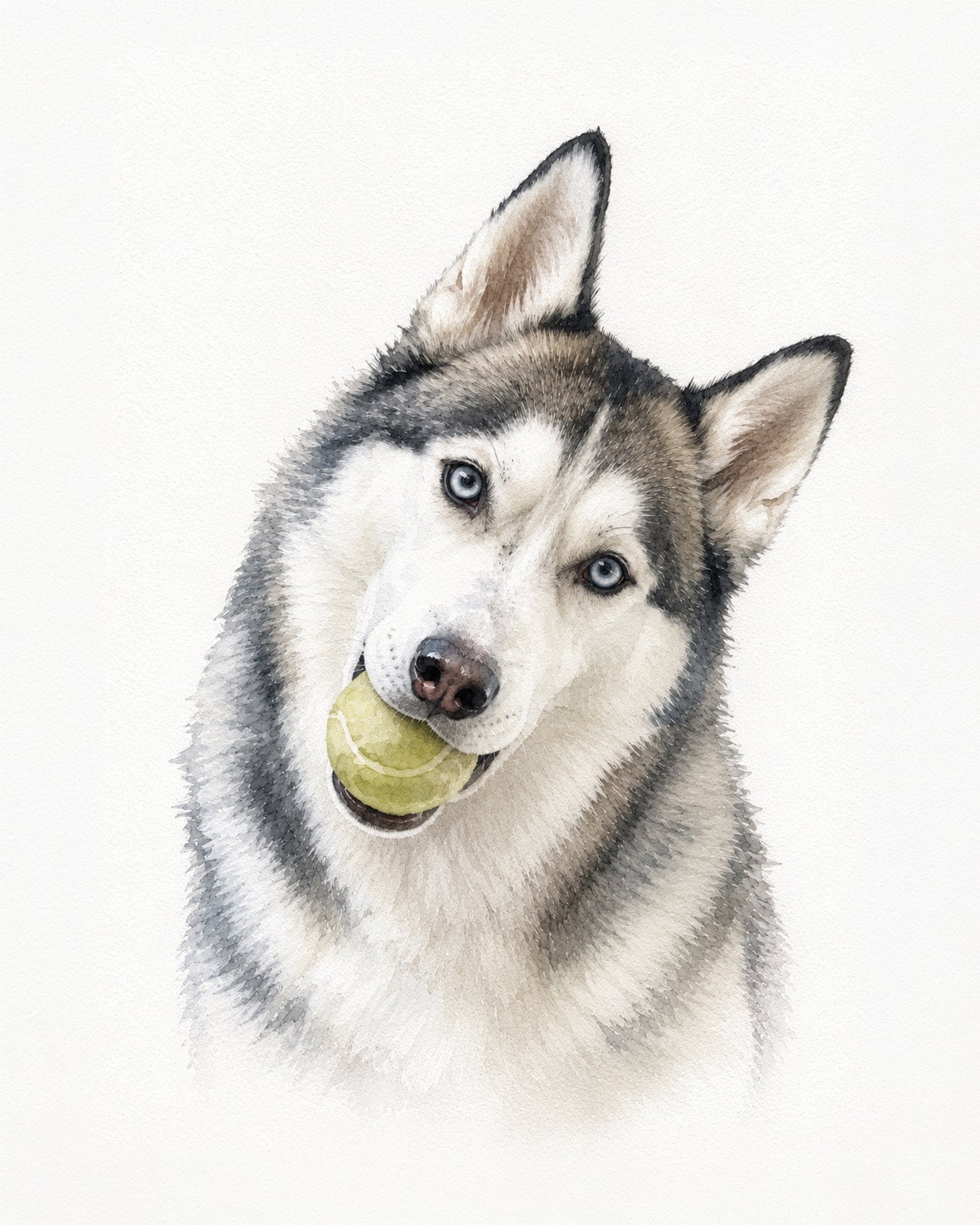 Illustrative custom pet portrait of a Siberian Husky holding a tennis ball with a playful head tilt personalized pet art