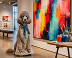 The Pawfessional custom pet portrait of a realistic poodle in an artist apron beside colorful abstract art and paint supplies
