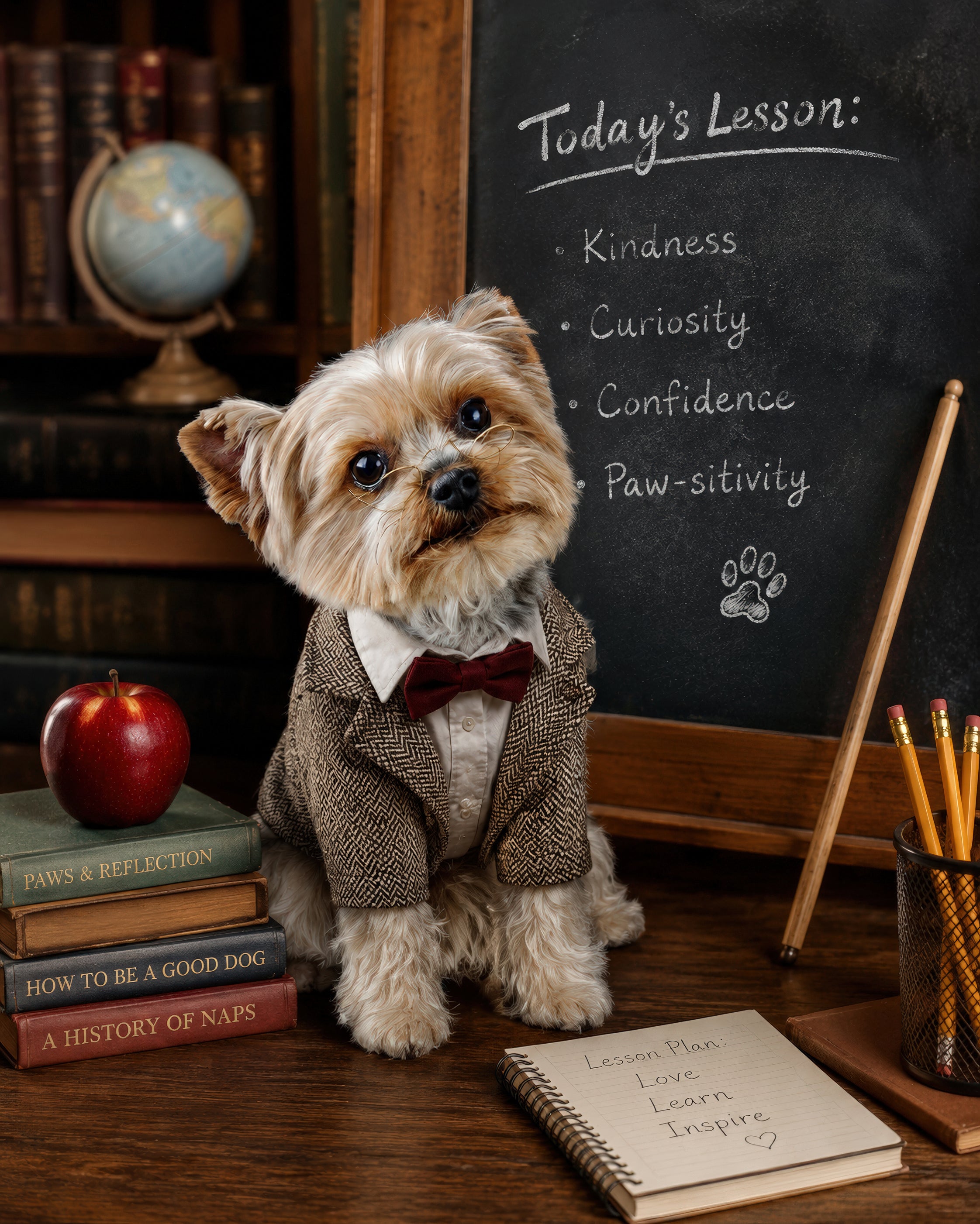 Realistic custom pet portrait of a small dog in a tweed suit and bow tie beside a classroom chalkboard for The Pawfessional