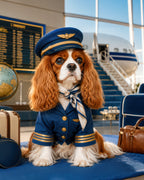 Realistic custom pet portrait of a Cavalier King Charles Spaniel dressed as an airline captain in an airport from The Pawfessional