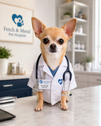 Realistic Chihuahua veterinarian in a white coat and stethoscope in a pet hospital custom pet portrait from The Pawfessional