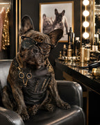Realistic custom pet portrait of a French bulldog in glasses and a black stylist apron at a professional salon from The Pawfessional