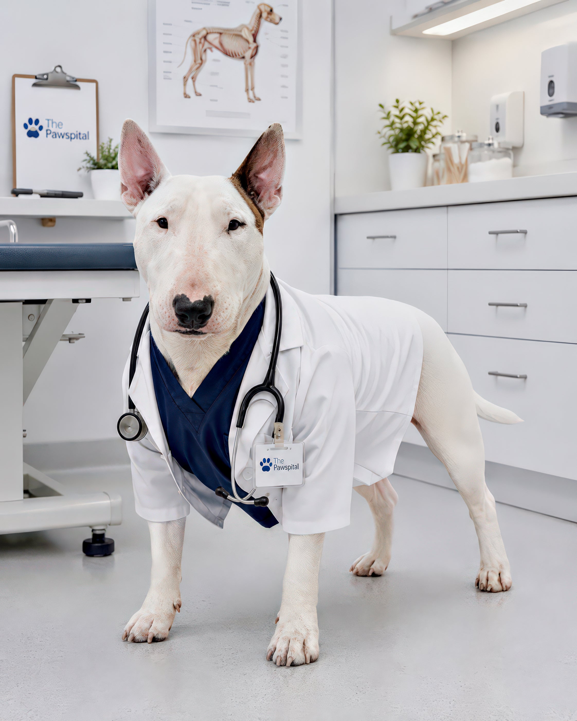 Realistic custom pet portrait of a Bull Terrier dressed as a veterinarian in a modern animal clinic from The Pawfessional
