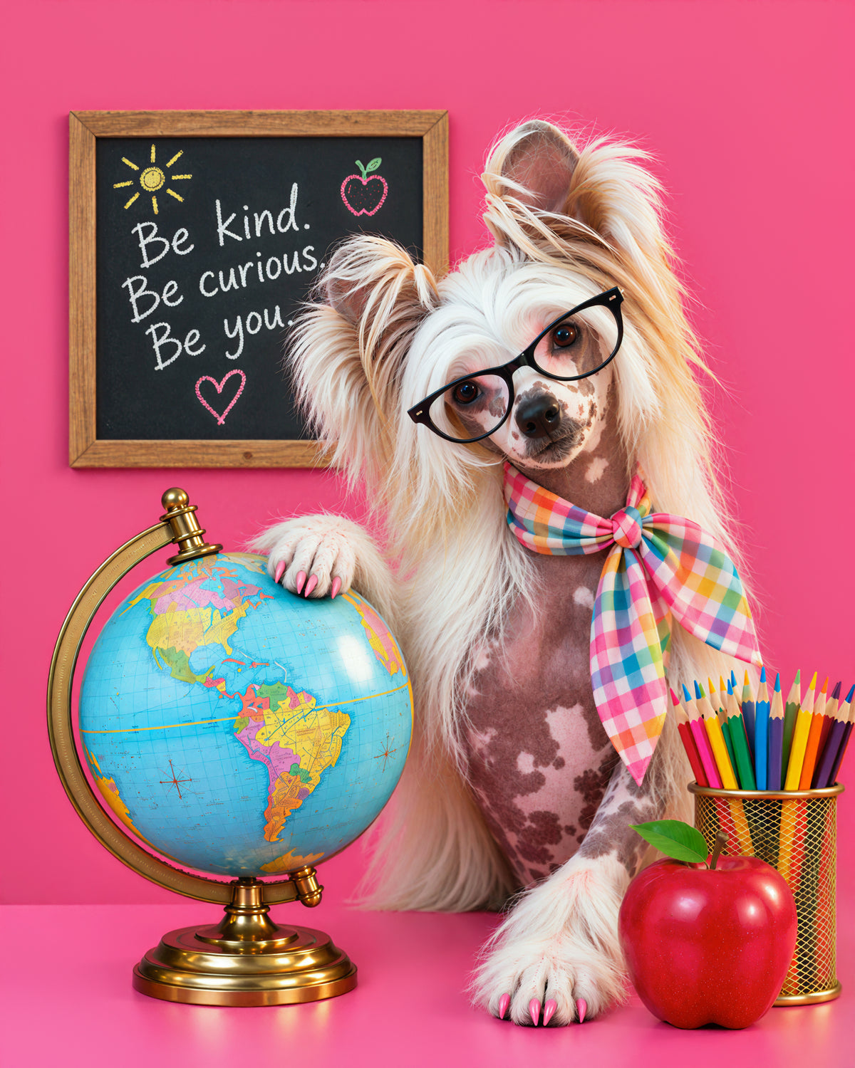 Custom pet portrait of a scruffy dog in glasses and a colorful scarf beside a globe chalkboard apple and pencils