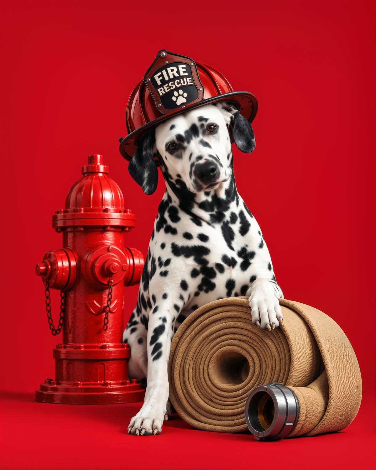 Custom pet portrait of a Dalmatian in a firefighter helmet beside a red hydrant and rolled fire hose