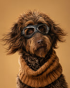 Photorealistic custom pet portrait of a shaggy brown dog wearing aviator goggles and a chunky knit scarf
