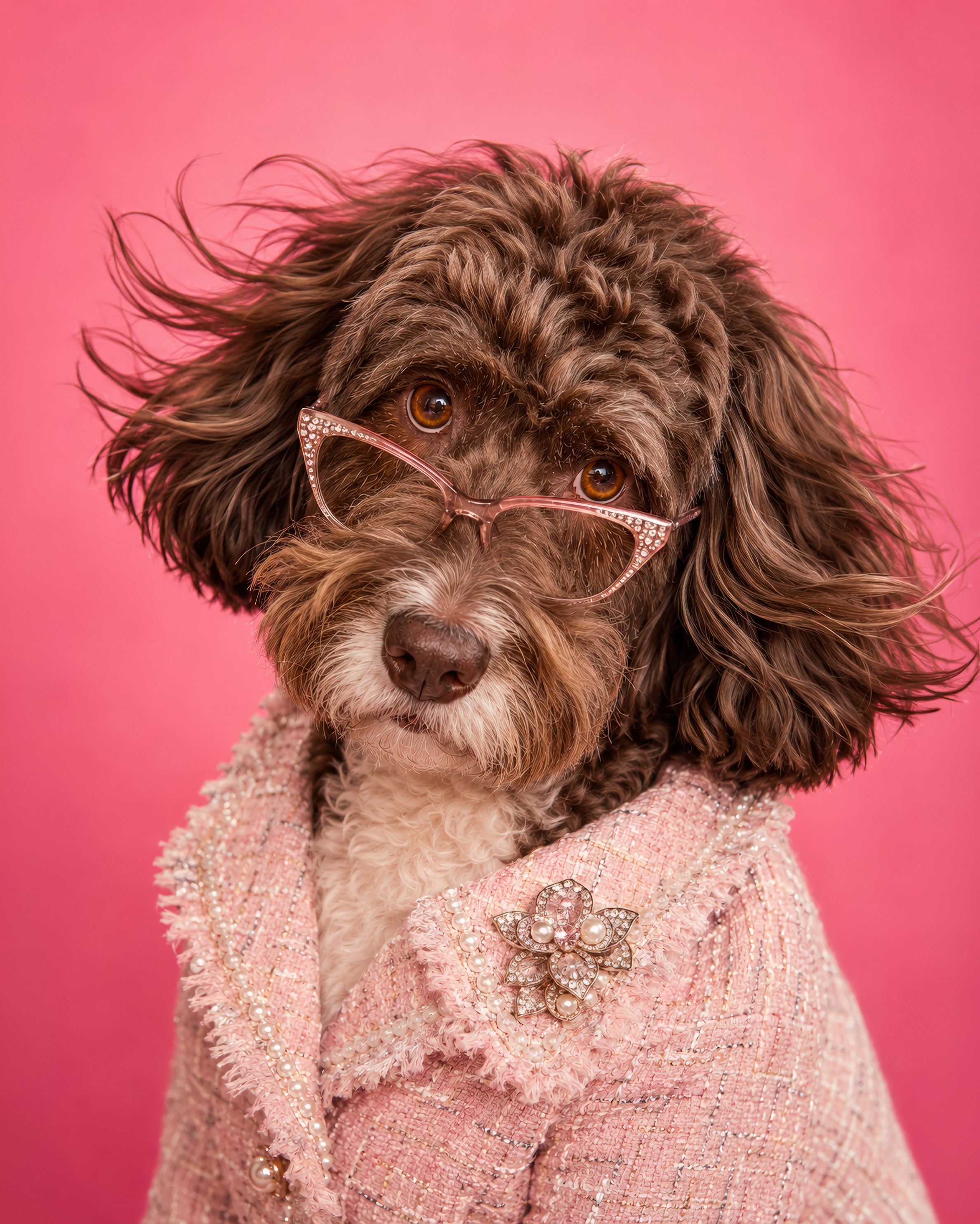 Photorealistic custom pet portrait of a brown curly haired dog wearing pink glasses and a tweed jacket against a pink background