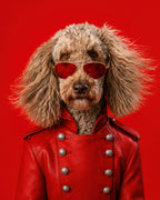 Photorealistic custom pet portrait of a curly haired dog wearing red sunglasses and a red leather jacket against a vivid red background