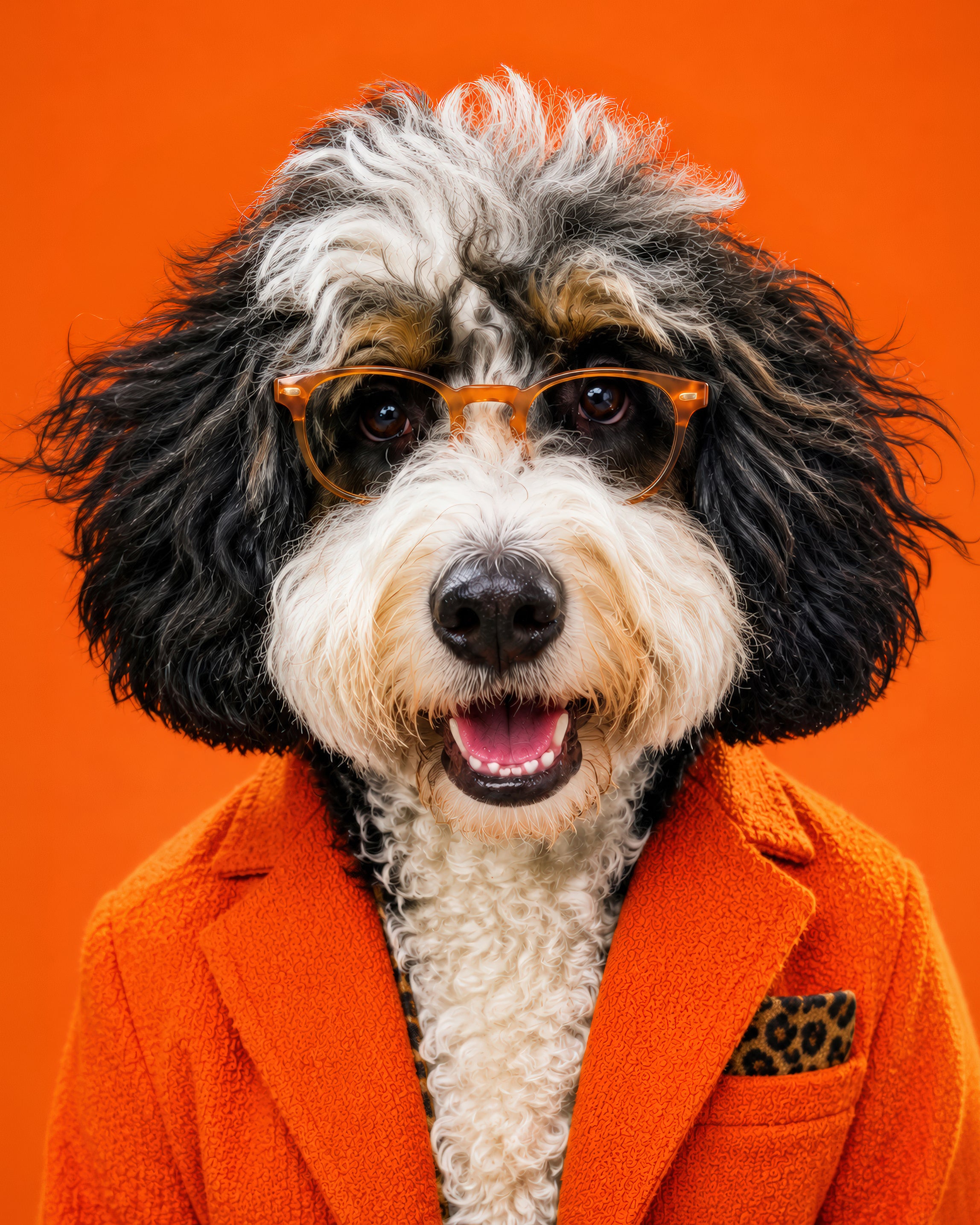 A black and white curly-haired dog wearing orange-rimmed eyeglasses and a bright orange blazer with a leopard-print pocket square, posed against a solid orange background.