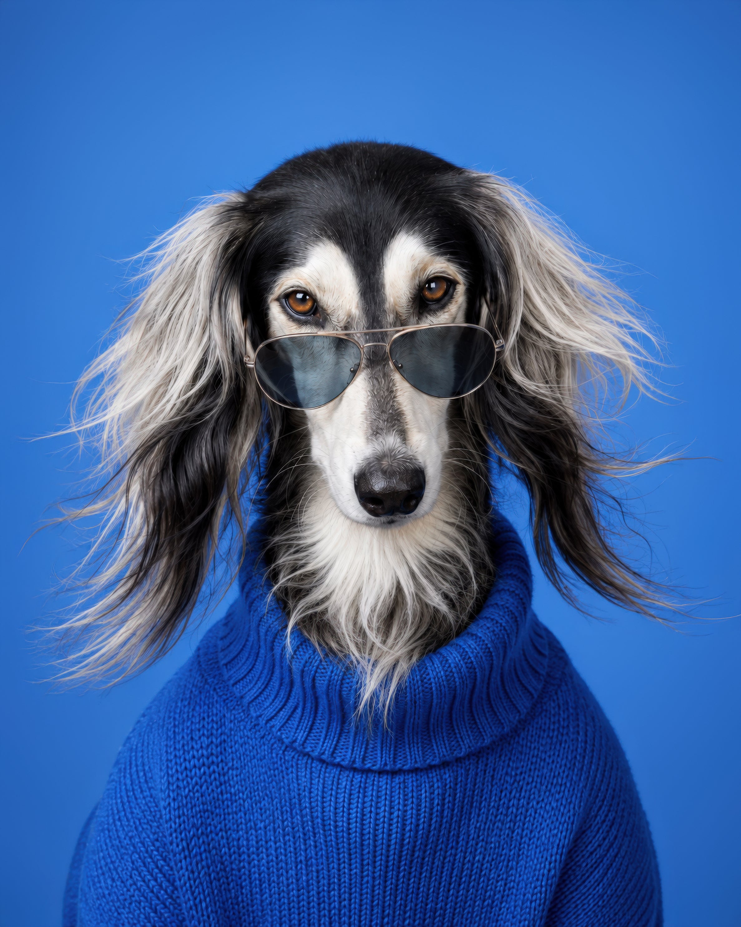 Photorealistic custom pet portrait of a black and white long haired dog wearing sunglasses and a blue sweater