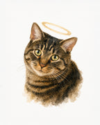 A watercolor-style portrait of a tabby cat with green eyes and a small halo above its head, shown on a plain white background.