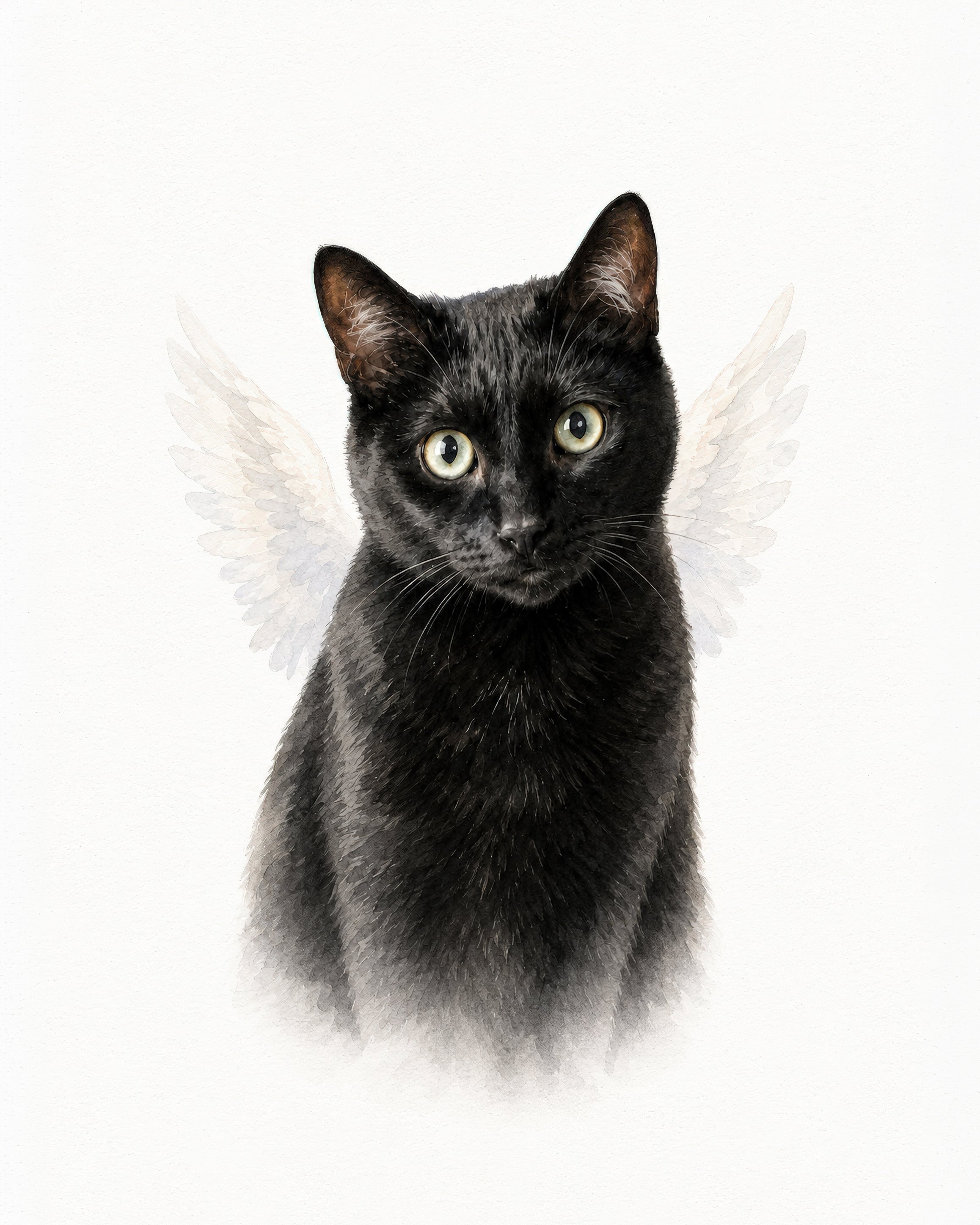 A black cat with small white angel wings around it, shown against a plain white background.