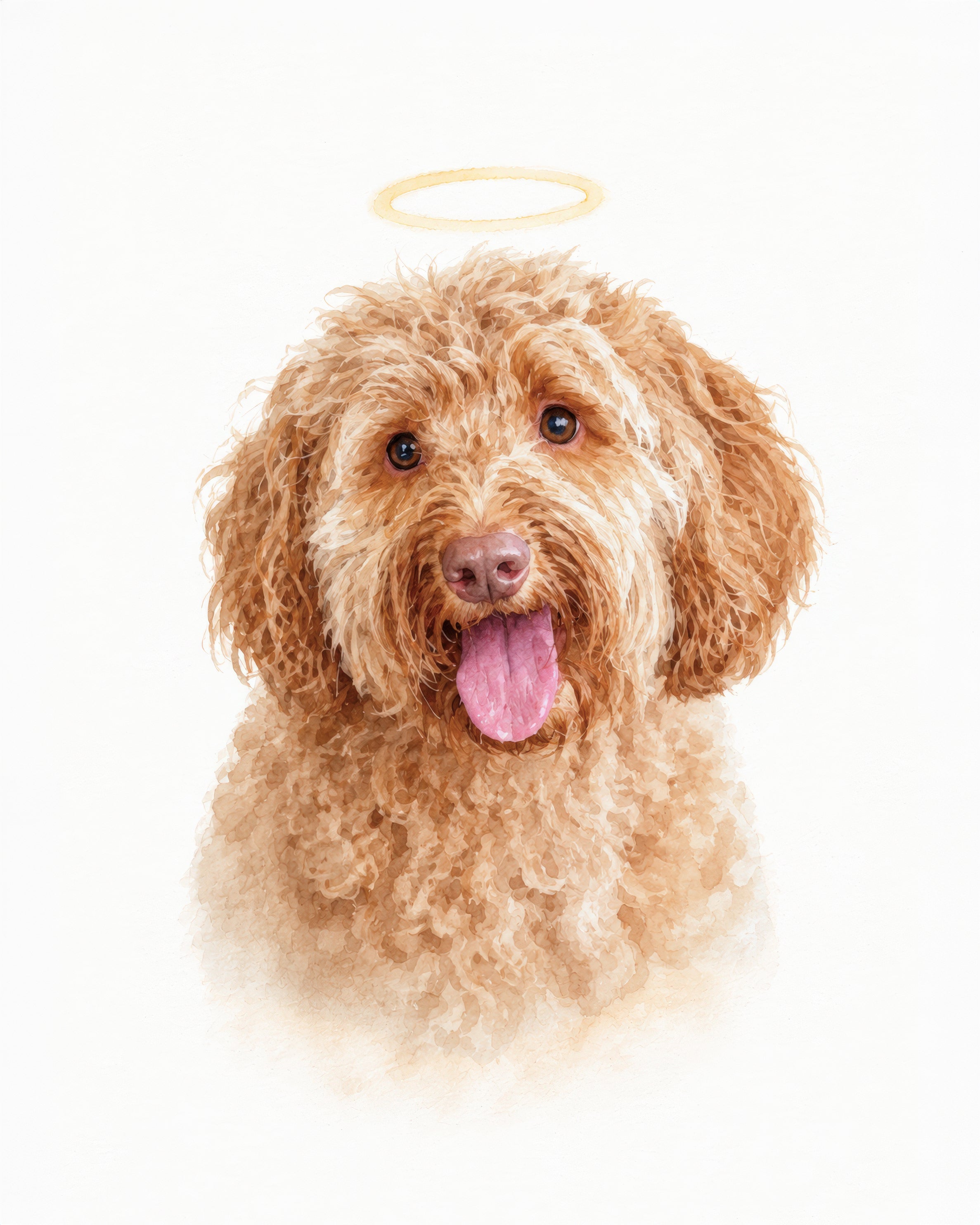 A fluffy golden-brown dog with curly fur, pink tongue, and a small gold halo above its head on a plain white background.