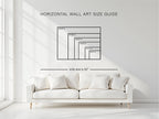 A white living room mockup with a white sofa and a wall-mounted size guide diagram for horizontal wall art, labeled with dimensions such as 30x40 in, 24x30 in, 20x24 in, 16x20 in, and sofa size 92 in.