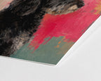 Painterly custom pet portrait of a black and brown dog on a vivid pink and teal abstract background