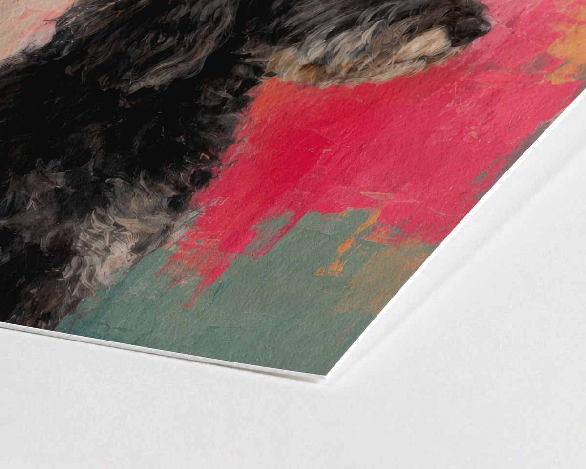 Painterly custom pet portrait of a black and brown dog on a vivid pink and teal abstract background