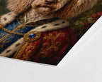 Close up of a curly haired dog in ornate blue and red clothing from a custom pet portrait