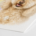 Close up of a cream curly haired dog in a personalized pet art portrait on textured paper